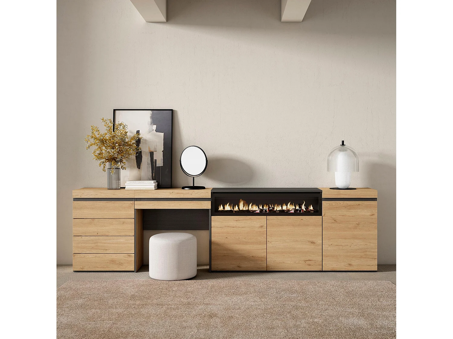 Dressoir, Opbergkast, 277x35x75cm, Voor slaapkamer, kamer, Elektrische haard, Ladekast, Commode, Kaptafel, Make-uptafel, Eiken