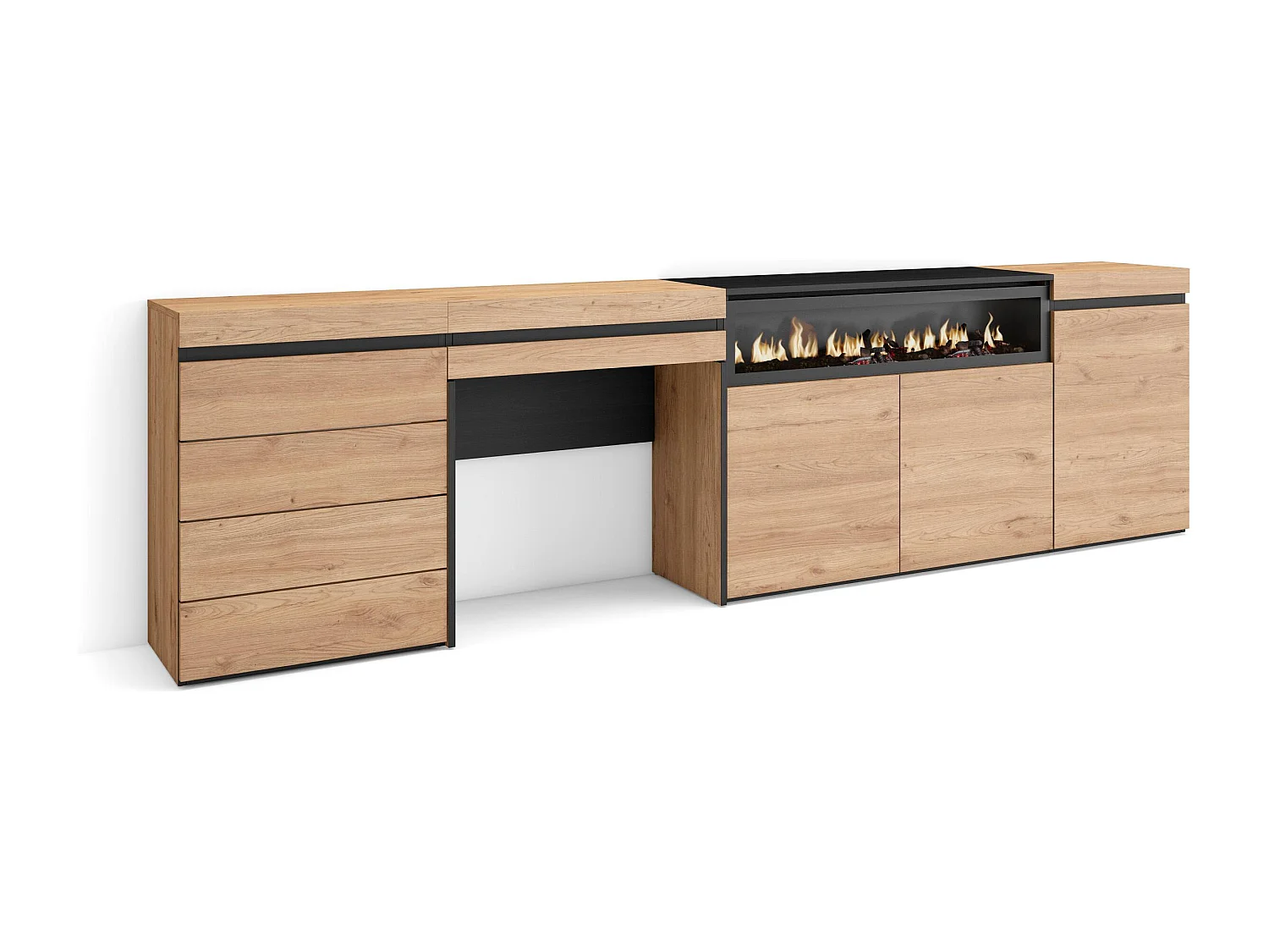 Aparador, Buffet, 277x35x75cm, Para quarto, dormitório, Lareira eléctrica, Cómoda, Toucador, Carvalho