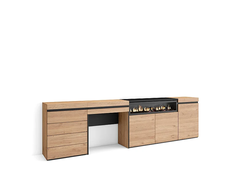 Credenza, 277x35x75cm, Camera da letto, stanza, Camino elettrico, Cassettiera, Tavolo da toeletta, Rovere