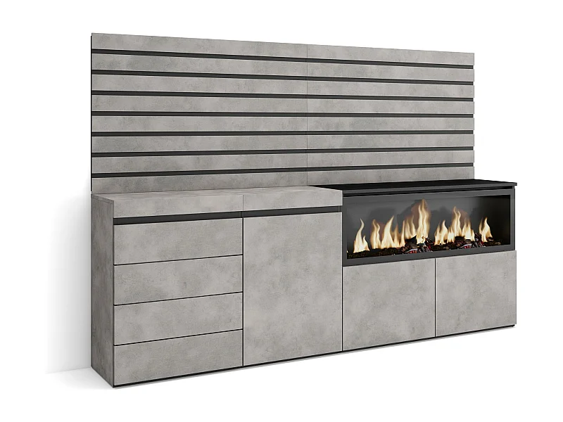 Credenza, 214x35x145cm, Camera da letto, stanza, Camino elettrico XXL, Cassettiera, Cemento