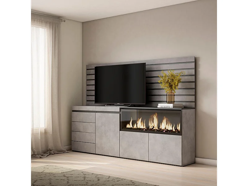 Sideboard, Kommode, 214x35x145cm, Für Schlafzimmer, Elektrokamin XXL, Kommode mit Schubladen, Zement