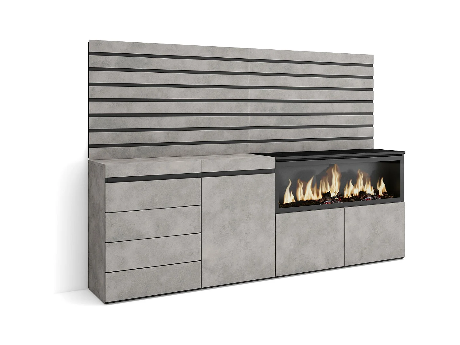 Buffet, Bahut, 214x35x145 cm, Chambre à coucher, pièce, Cheminée électrique XXL, Commode, Buffet, Ciment