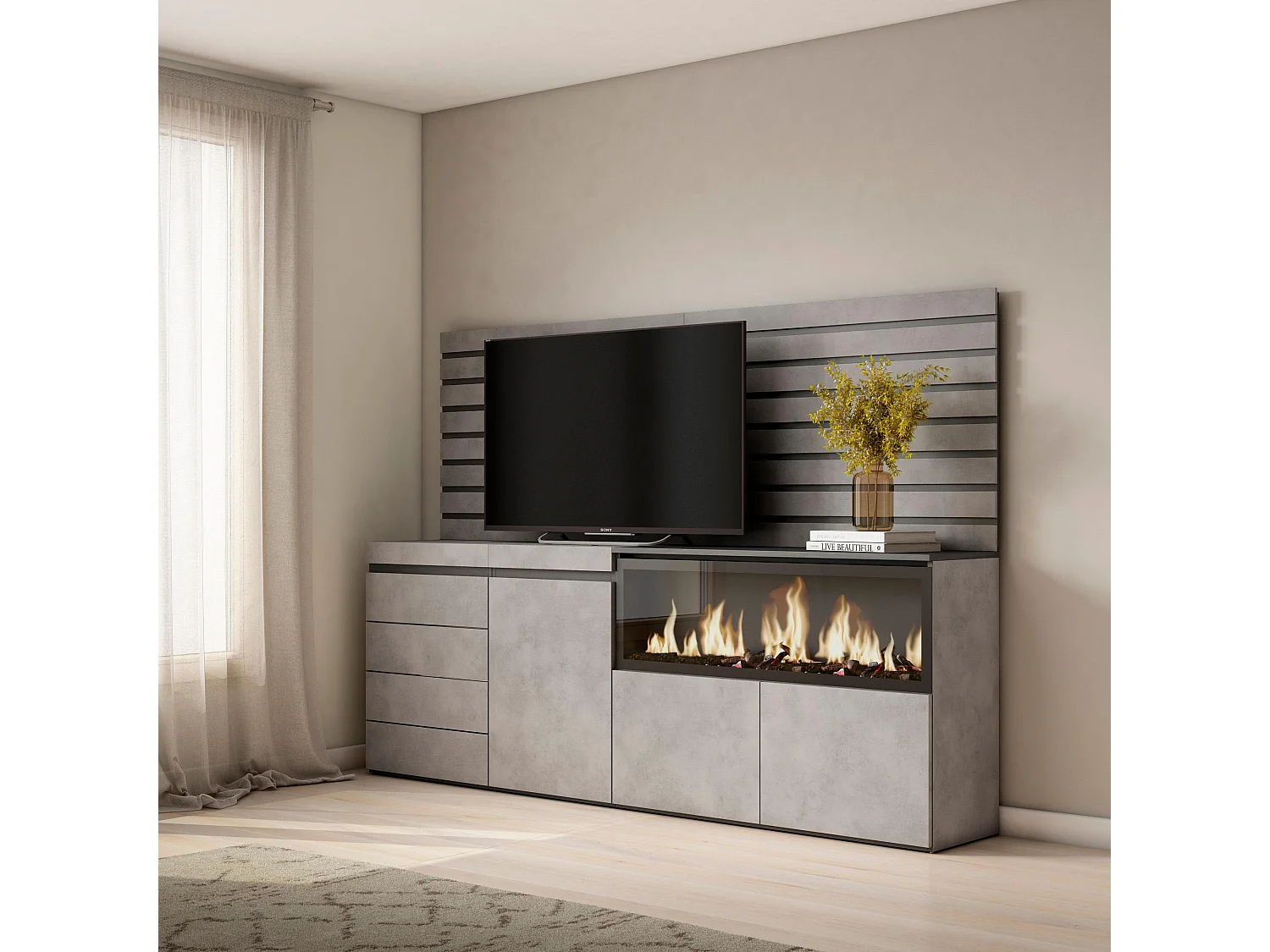 Dressoir, Opbergkast, 214x35x145cm, Voor slaapkamer, kamer, Elektrische haard XXL, Ladekast, Commode, Cement