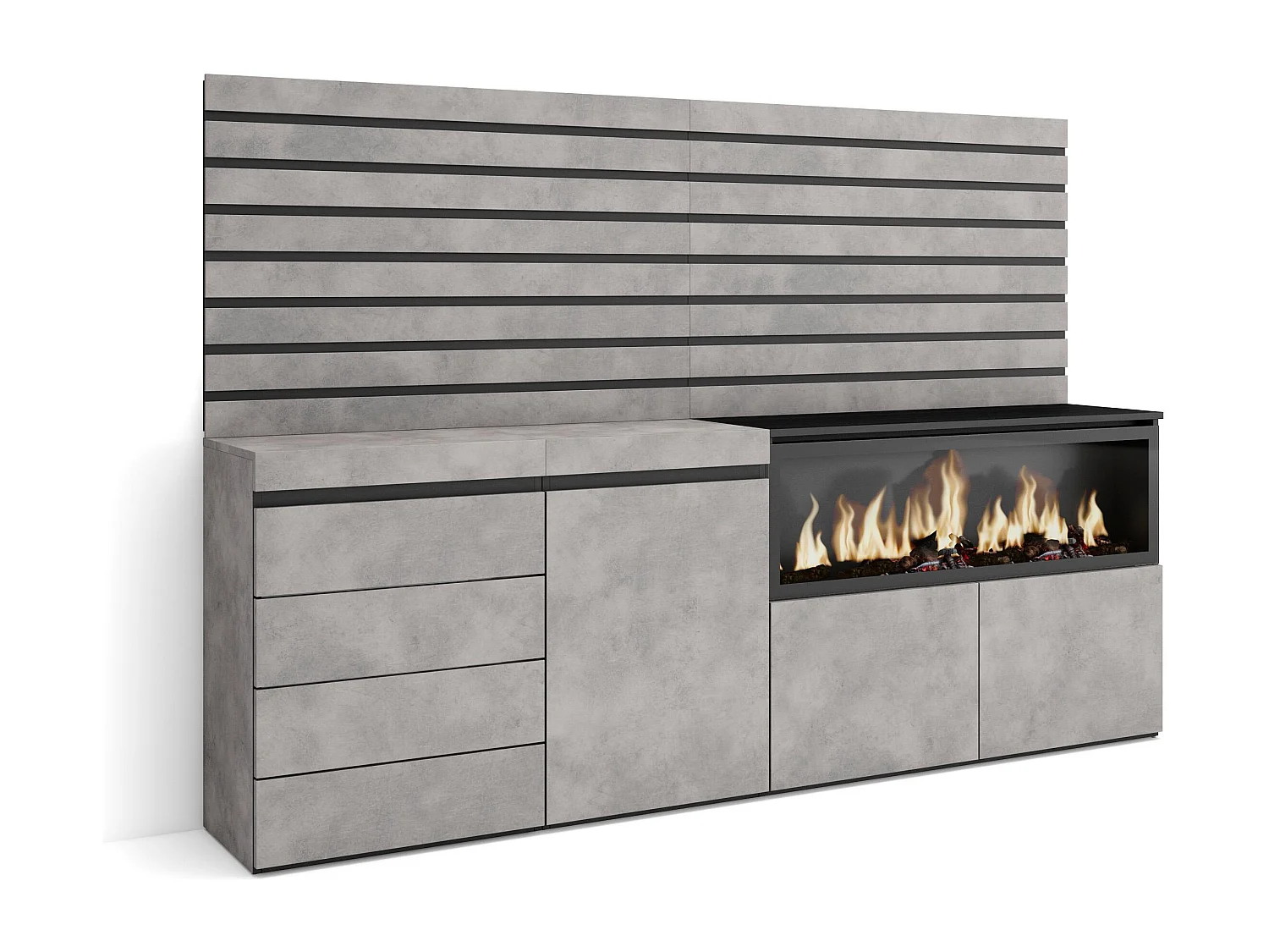 Sideboard, Kommode, 214x35x145cm, Für Schlafzimmer, Elektrokamin XXL, Kommode mit Schubladen, Zement