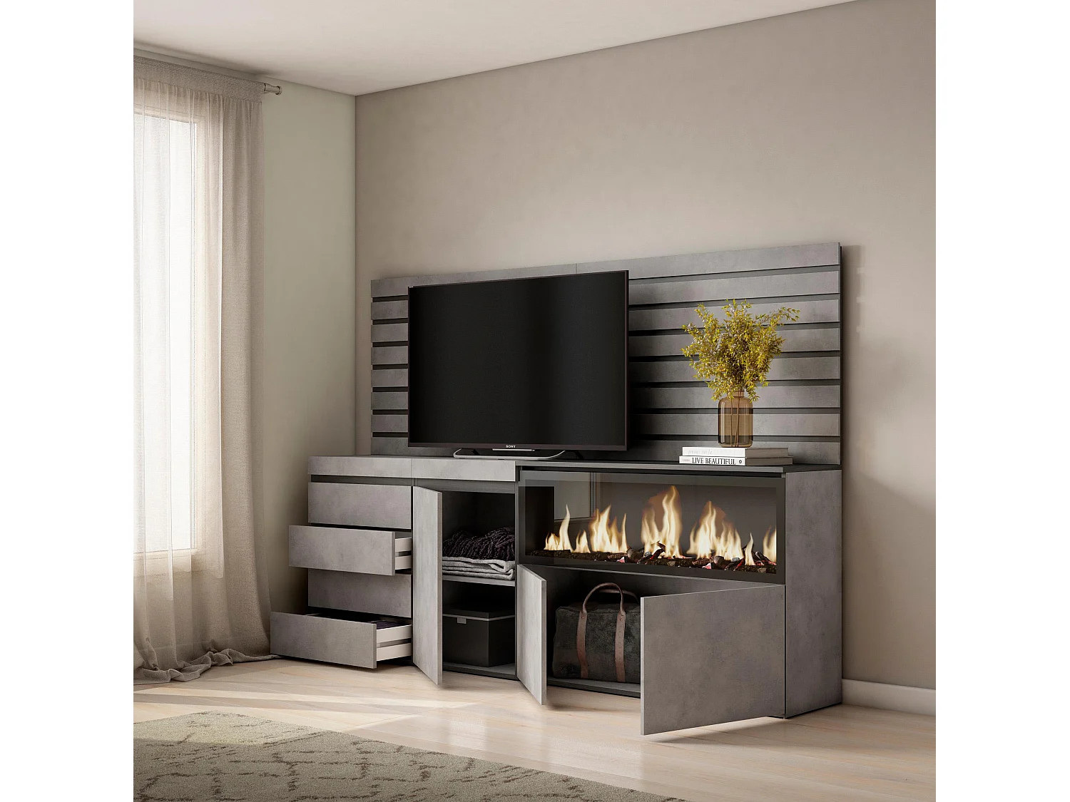 Sideboard, Kommode, 214x35x145cm, Für Schlafzimmer, Elektrokamin XXL, Kommode mit Schubladen, Zement
