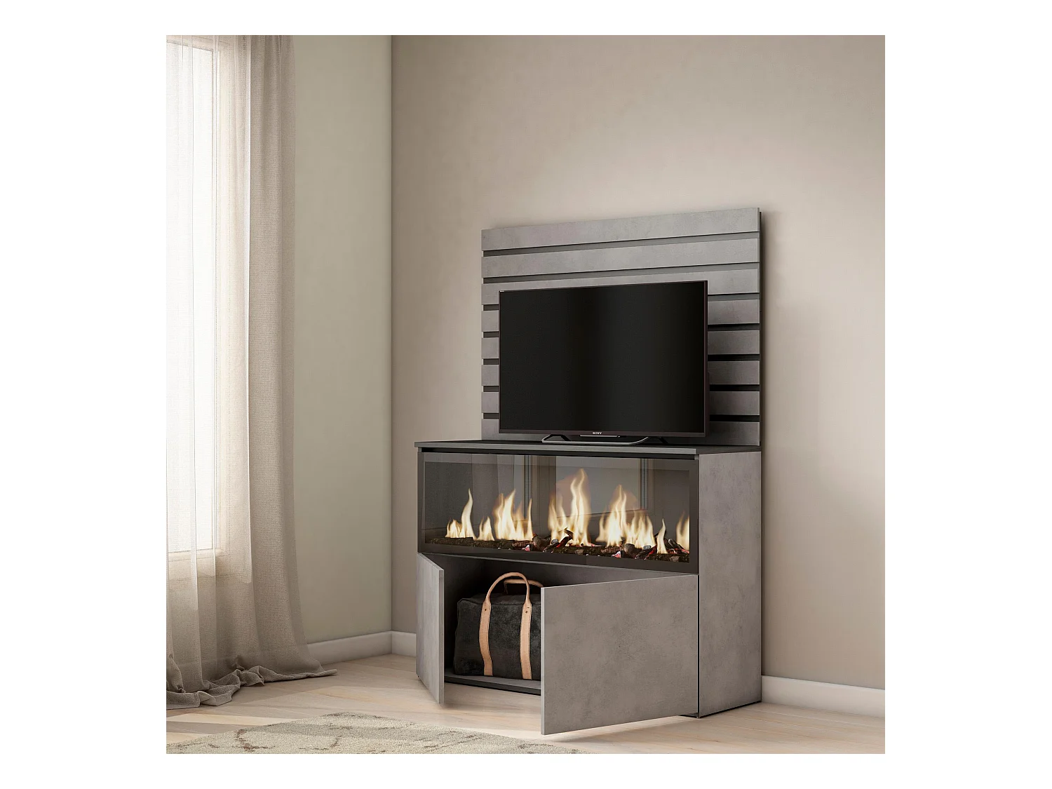 Buffet, Bahut, 107x35x145 cm, Chambre à coucher, pièce, Cheminée électrique XXL, Ciment