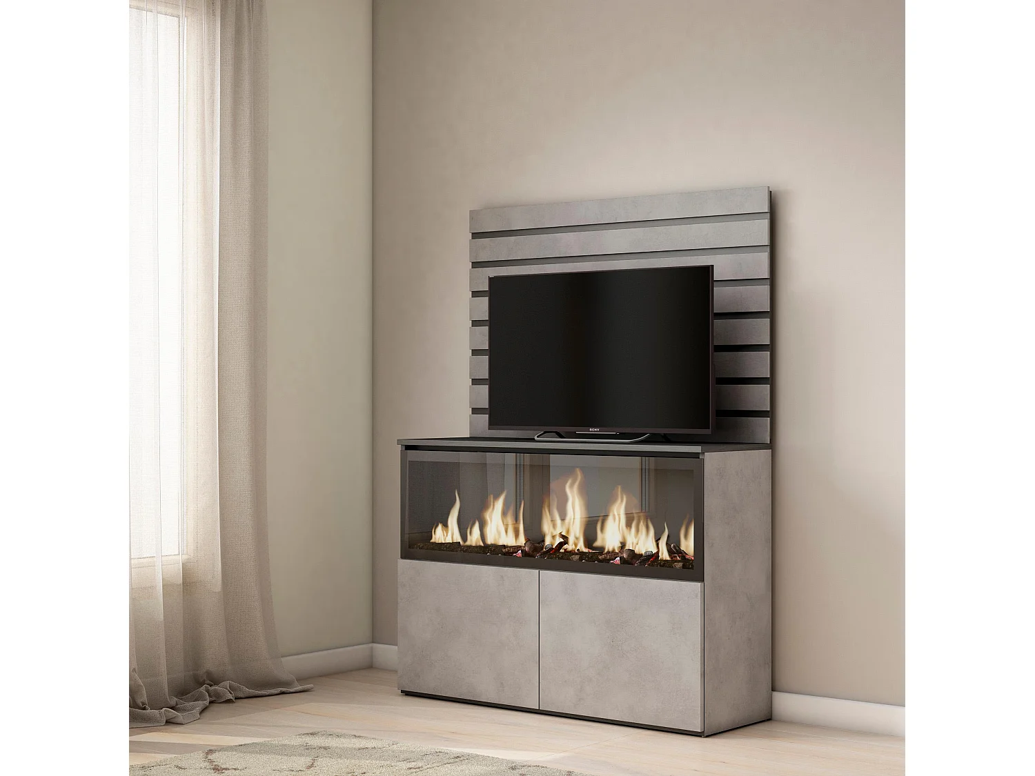 Aparador, 107x35x145cm, Dormitorio, habitación, Chimenea eléctrica XXL, Cemento