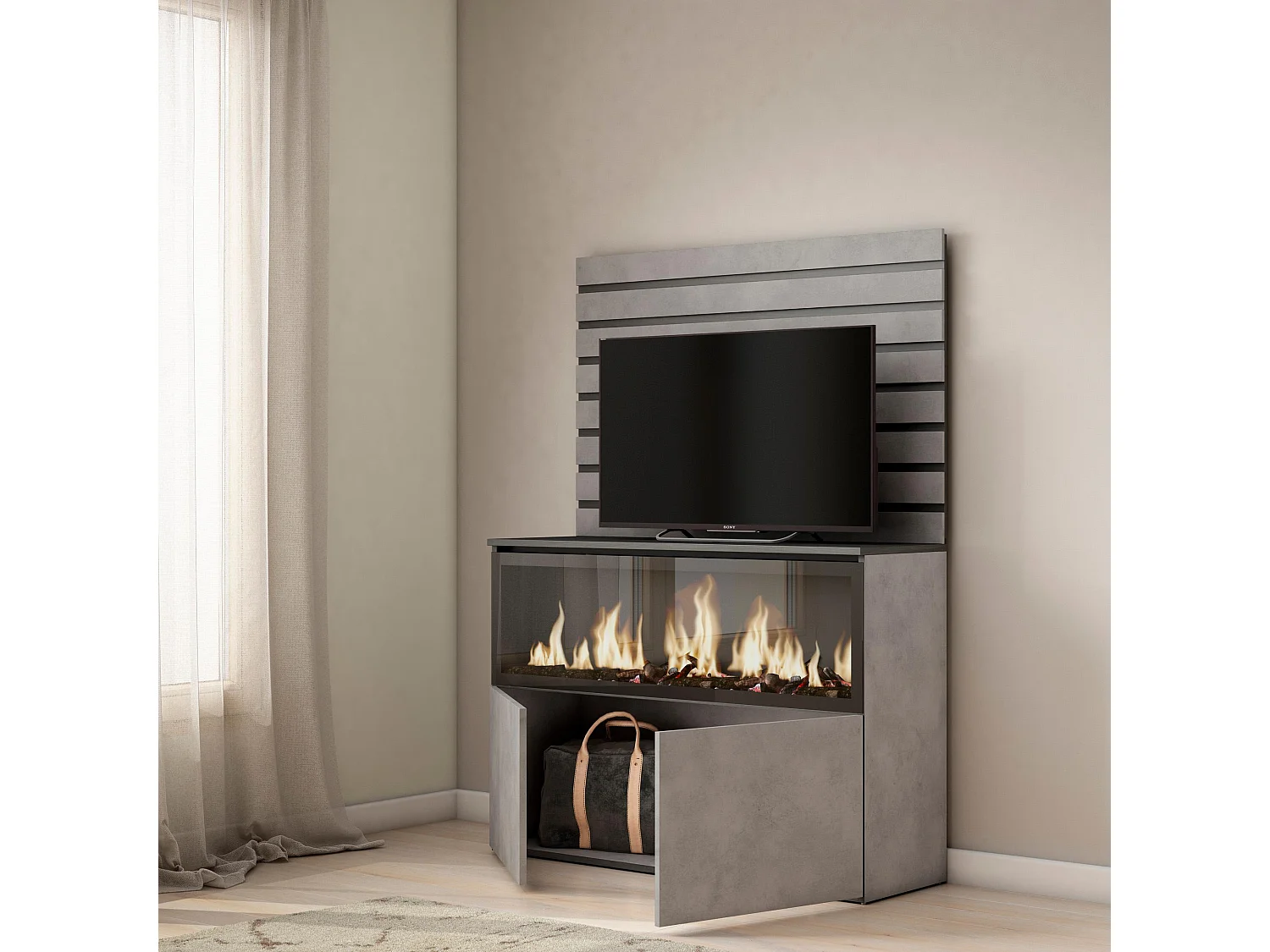 Aparador, 107x35x145cm, Dormitorio, habitación, Chimenea eléctrica XXL, Cemento