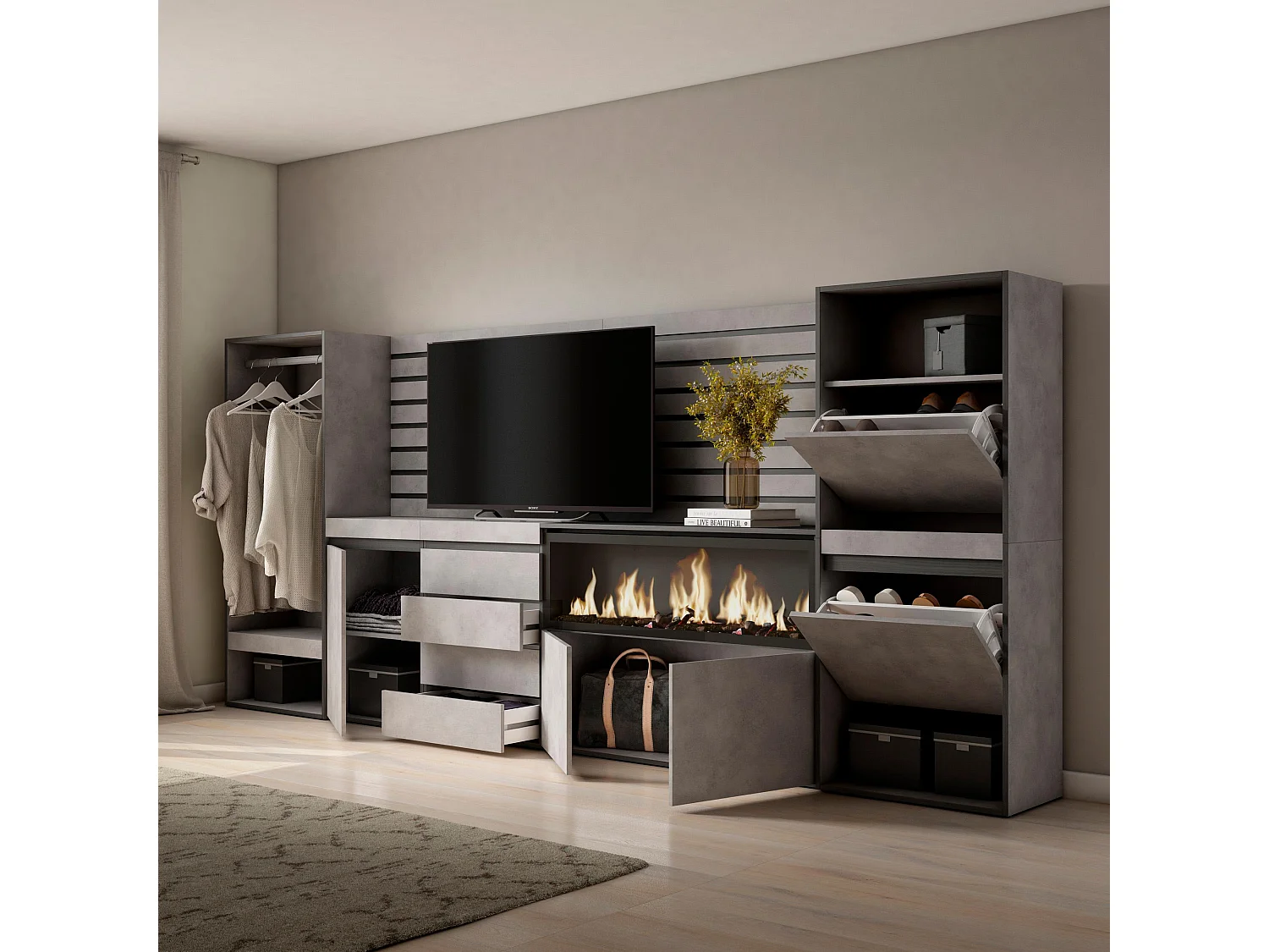 Buffet, Bahut, 334x35x145 cm, Chambre à coucher, pièce, Cheminée électrique XXL, Commode, Buffet, Meuble à Chaussures, Vestiaire ouvert, Ciment