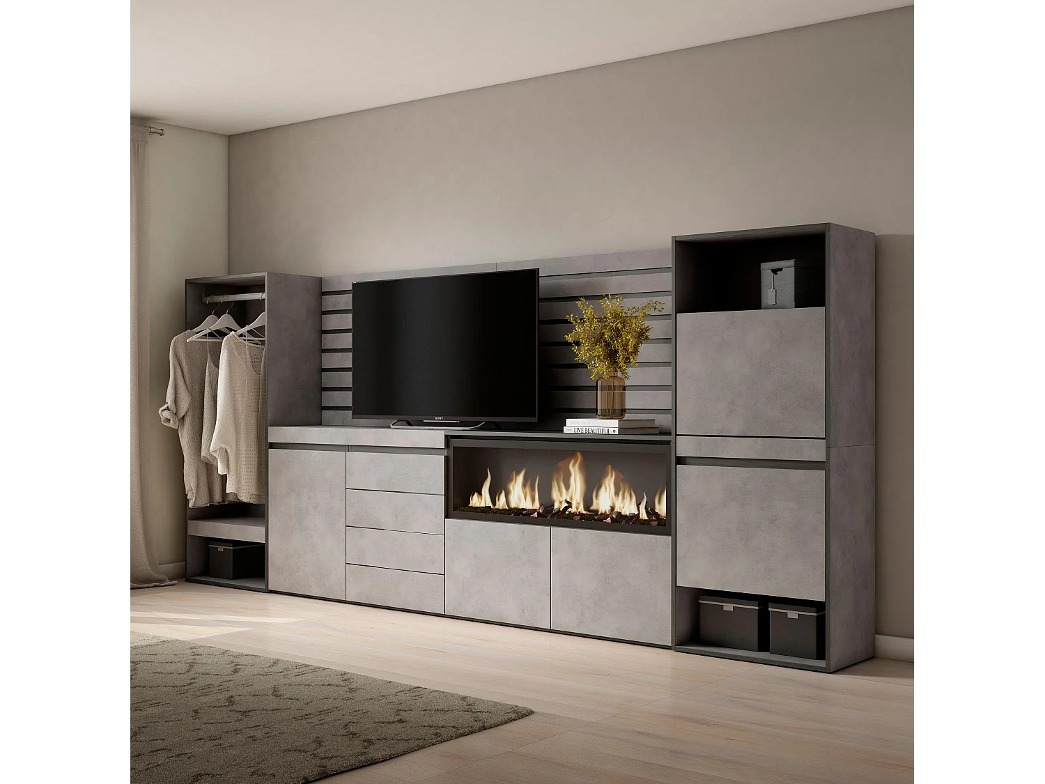 Buffet, Bahut, 334x35x145 cm, Chambre à coucher, pièce, Cheminée électrique XXL, Commode, Buffet, Meuble à Chaussures, Vestiaire ouvert, Ciment