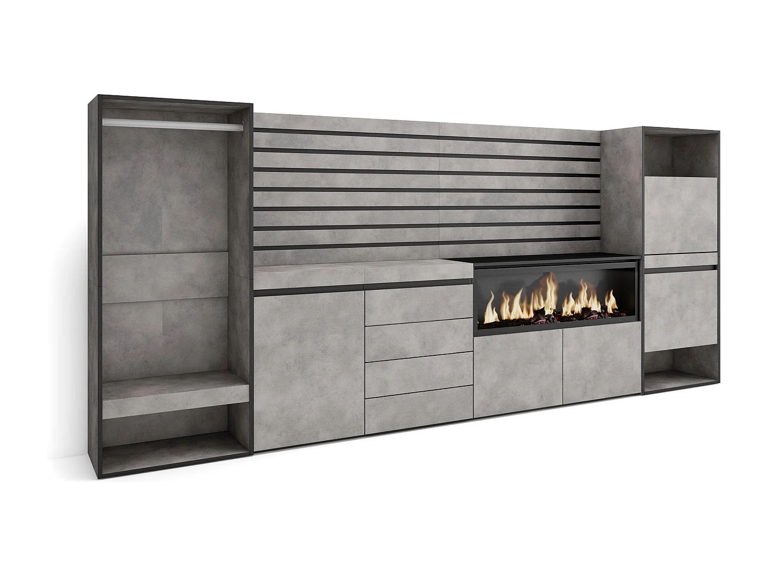 Buffet, Bahut, 334x35x145 cm, Chambre à coucher, pièce, Cheminée électrique XXL, Commode, Buffet, Meuble à Chaussures, Vestiaire ouvert, Ciment