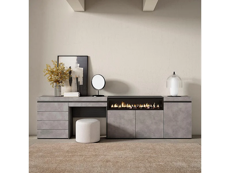 Buffet, Bahut, 277x35x75 cm, Chambre à coucher, pièce, Cheminée électrique, Commode, Buffet, Coiffeuse, Ciment