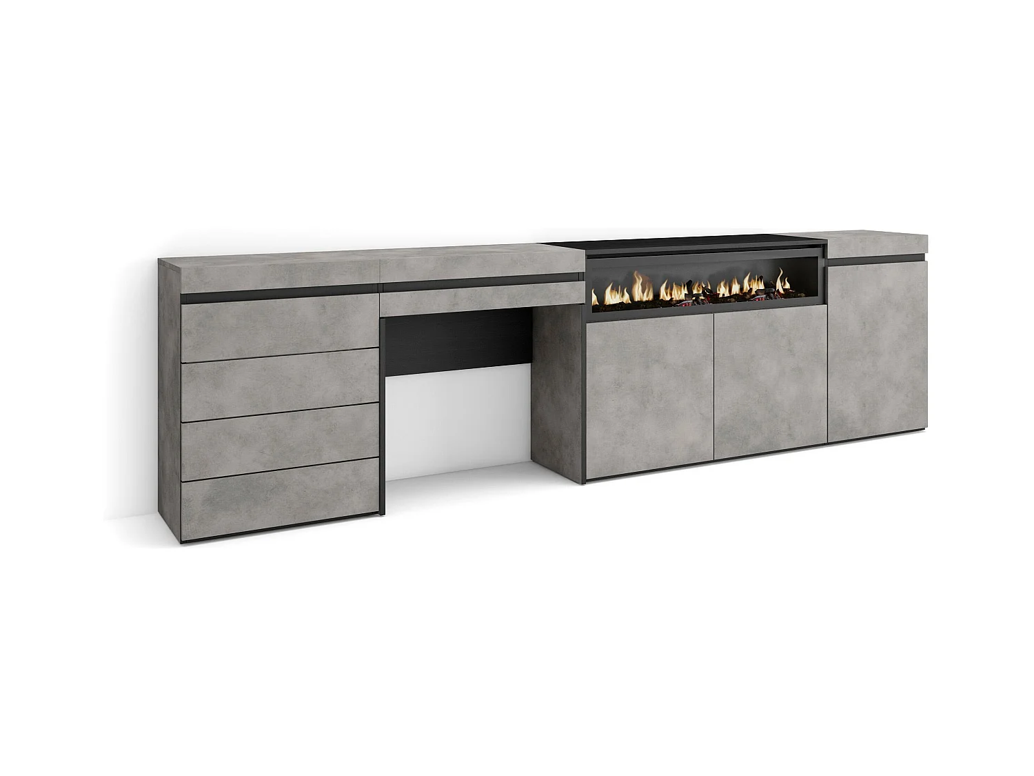 Sideboard, Kommode, 277x35x75cm, Für Schlafzimmer, Elektrokamin, Kommode mit Schubladen, Schminktisch, Zement