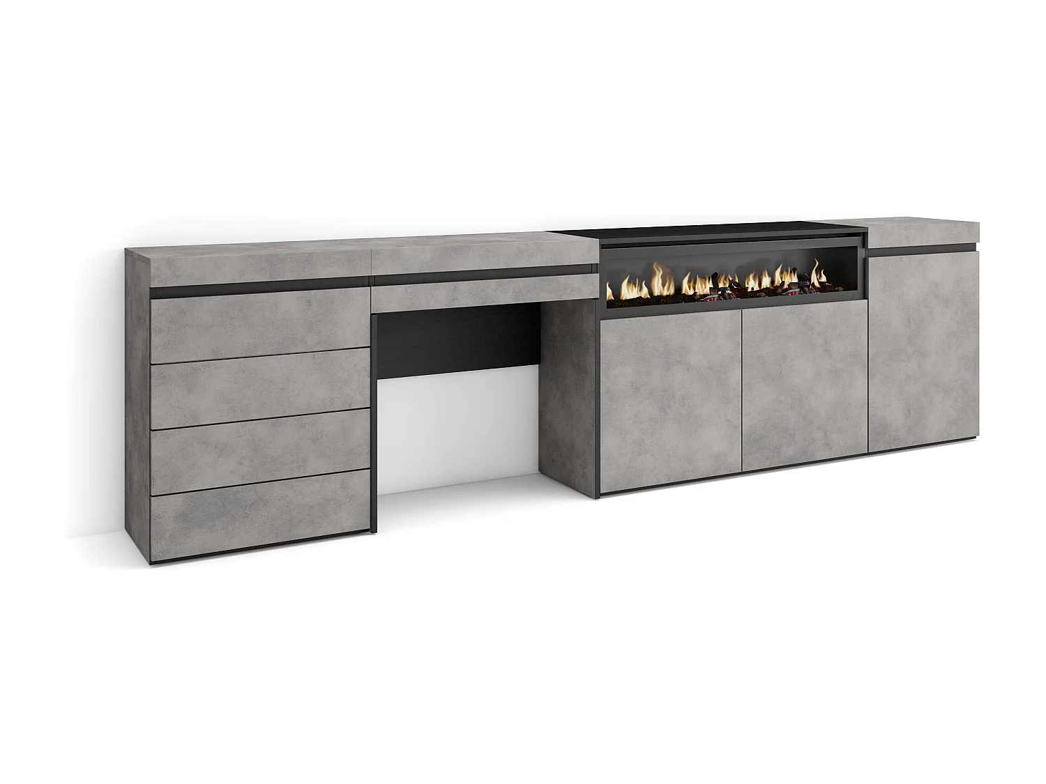 Sideboard, Kommode, 277x35x75cm, Für Schlafzimmer, Elektrokamin, Kommode mit Schubladen, Schminktisch, Zement