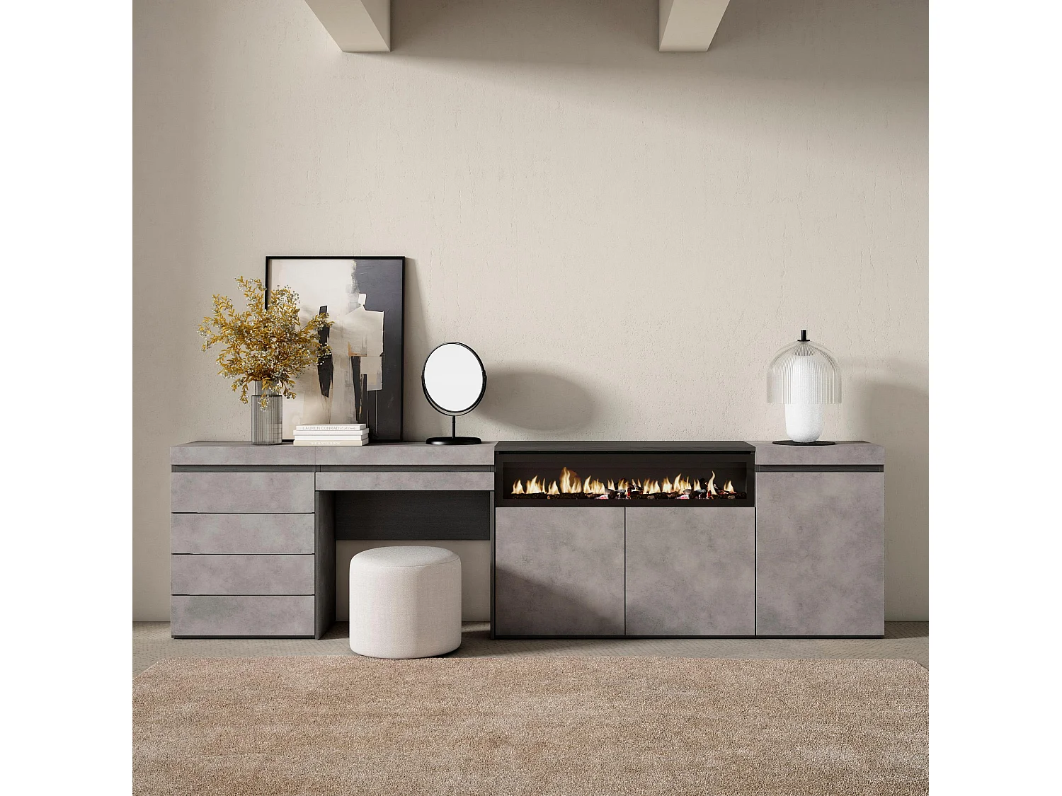 Sideboard, Kommode, 277x35x75cm, Für Schlafzimmer, Elektrokamin, Kommode mit Schubladen, Schminktisch, Zement