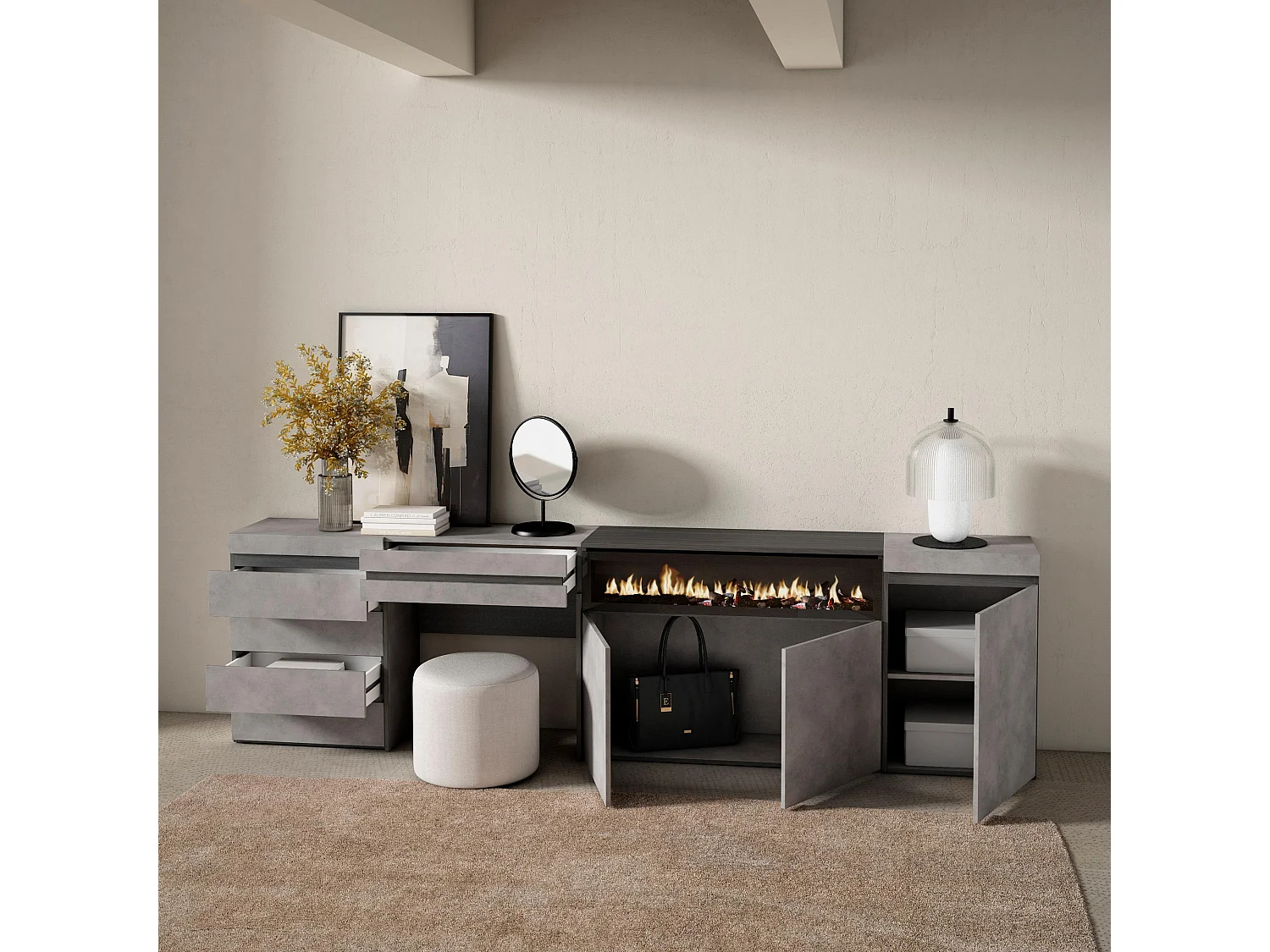 Sideboard, Kommode, 277x35x75cm, Für Schlafzimmer, Elektrokamin, Kommode mit Schubladen, Schminktisch, Zement