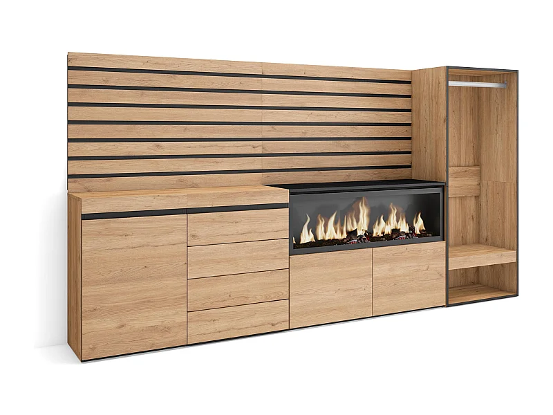 Credenza, 274x35x145cm, Camera da letto, stanza, Camino elettrico XXL, Cassettiera, Armadio Aperto, Rovere