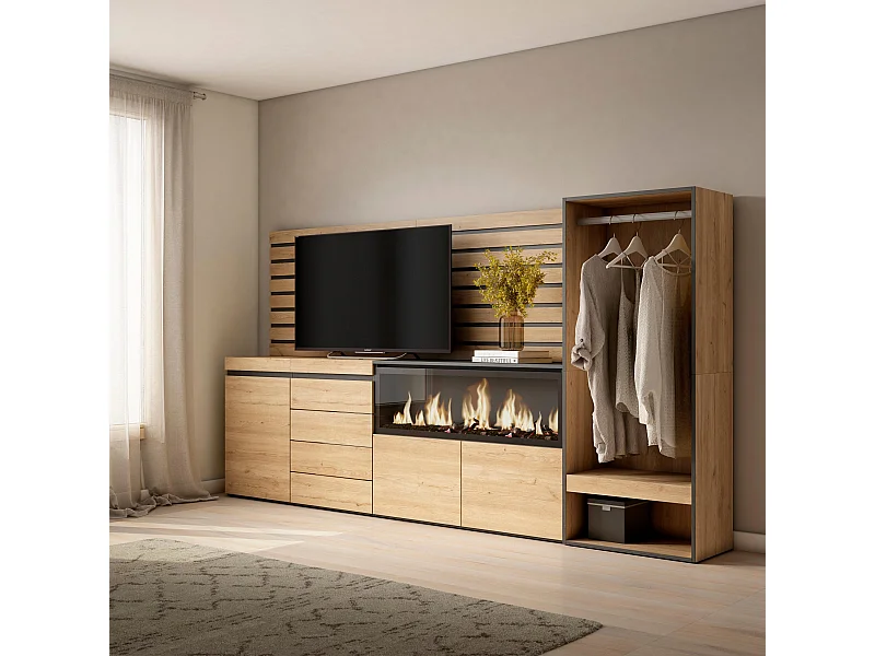 Buffet, Bahut, 274x35x145 cm, Chambre à coucher, pièce, Cheminée électrique XXL, Commode, Buffet, Vestiaire ouvert, Chêne