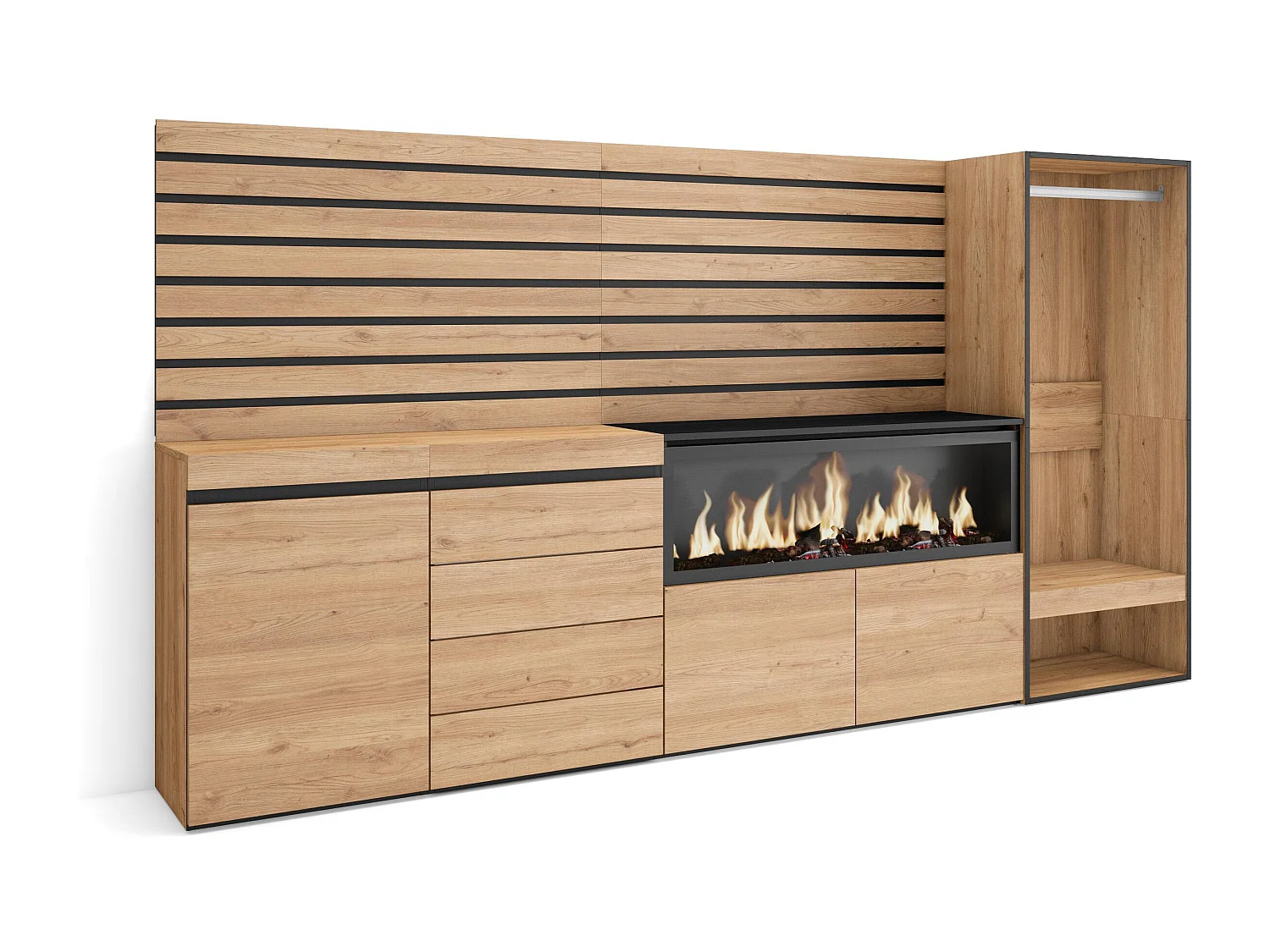 Dressoir, Opbergkast, 274x35x145cm, Voor slaapkamer, kamer, Elektrische haard XXL, Ladekast, Commode, Open Kledingkast, Eiken