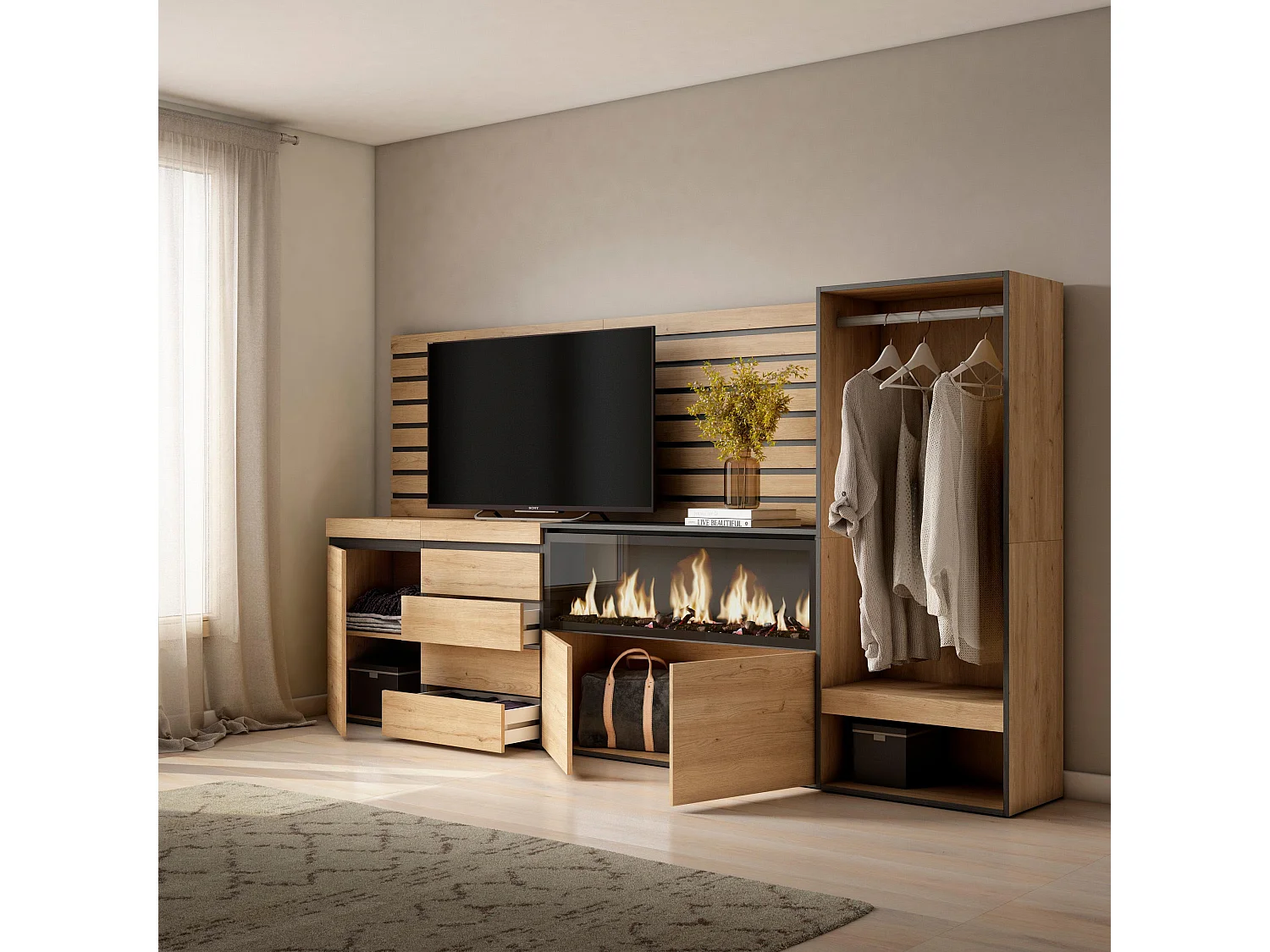 Dressoir, Opbergkast, 274x35x145cm, Voor slaapkamer, kamer, Elektrische haard XXL, Ladekast, Commode, Open Kledingkast, Eiken