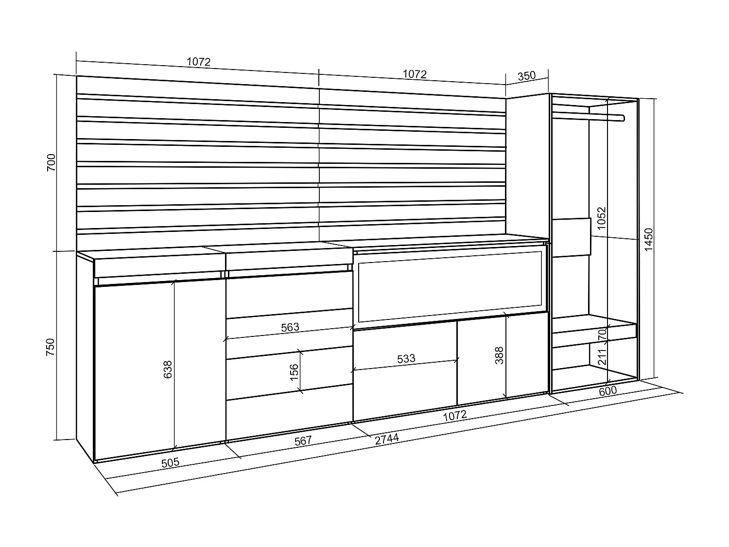 Buffet, Bahut, 274x35x145 cm, Chambre à coucher, pièce, Cheminée électrique XXL, Commode, Buffet, Vestiaire ouvert, Chêne
