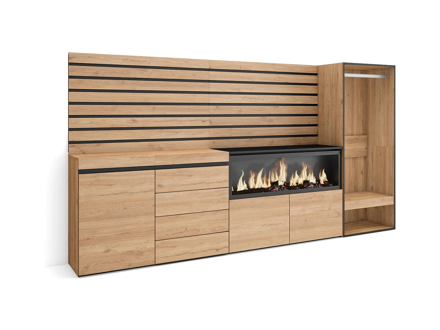 Buffet, Bahut, 274x35x145 cm, Chambre à coucher, pièce, Cheminée électrique XXL, Commode, Buffet, Vestiaire ouvert, Chêne