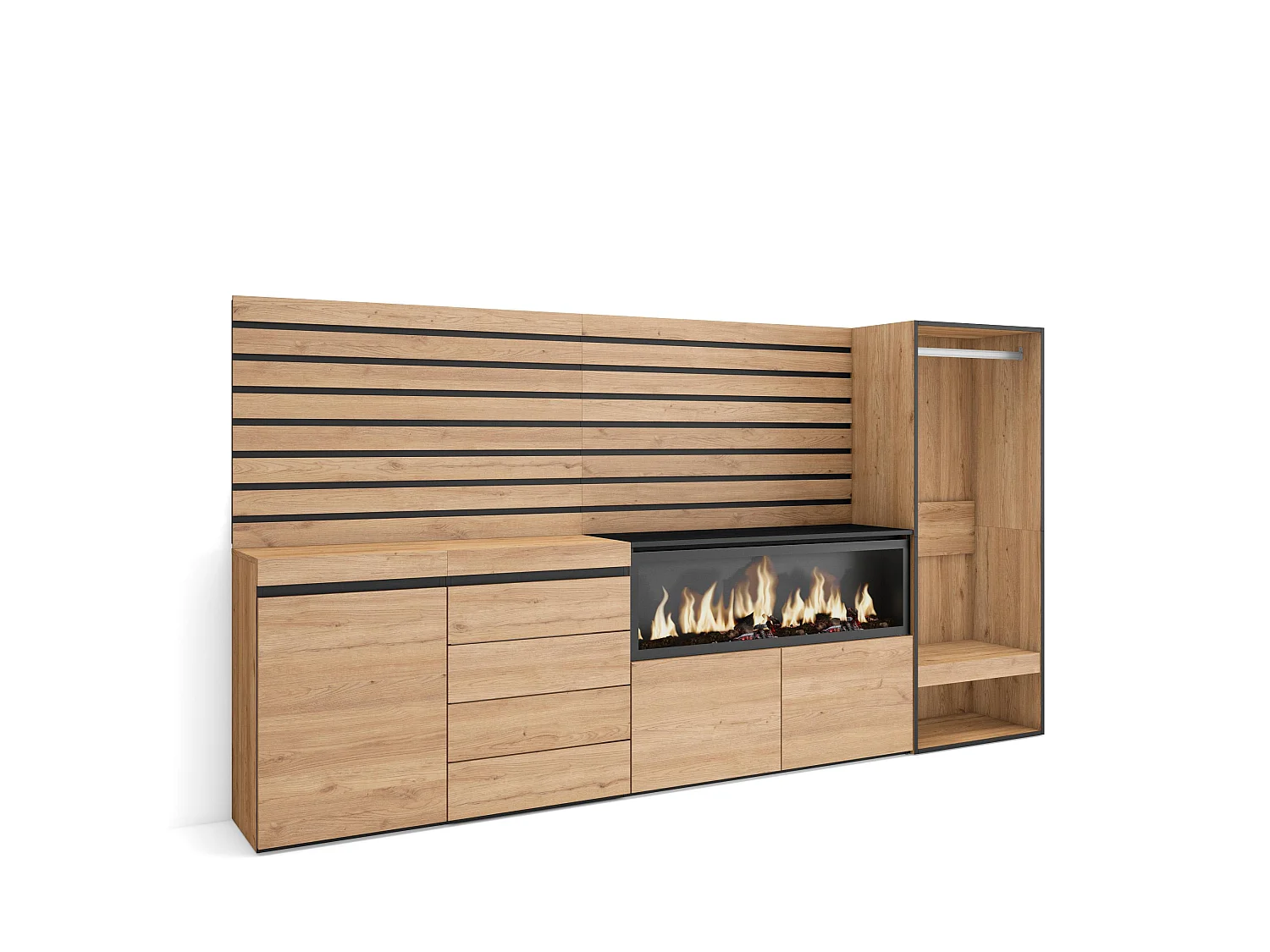 Buffet, Bahut, 274x35x145cm, Chambre à coucher, pièce, Cheminée électrique XXL, Commode, Buffet, Vestiaire ouvert, Chêne