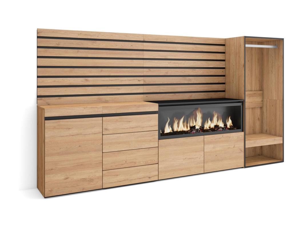 Aparador, Buffet, 274x35x145 cm, Para quarto, dormitório, Lareira eléctrica XXL, Cómoda, Roupeiro aberto, Carvalho