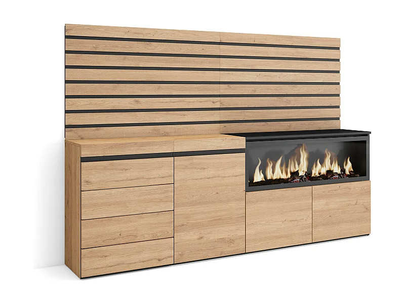 Buffet, Bahut, 214x35x145 cm, Chambre à coucher, pièce, Cheminée électrique XXL, Commode, Buffet, Chêne