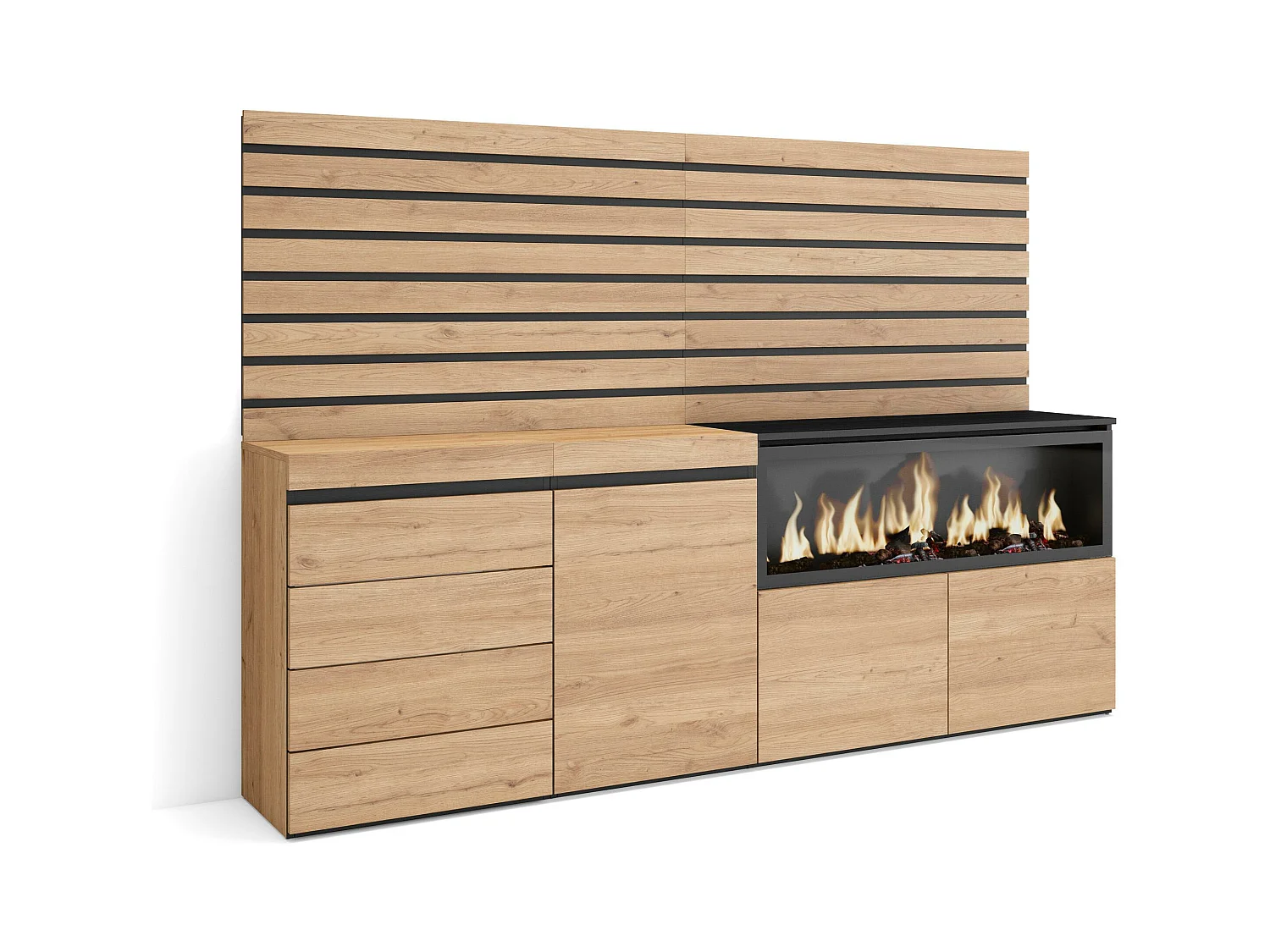 Buffet, Bahut, 214x35x145 cm, Chambre à coucher, pièce, Cheminée électrique XXL, Commode, Buffet, Chêne