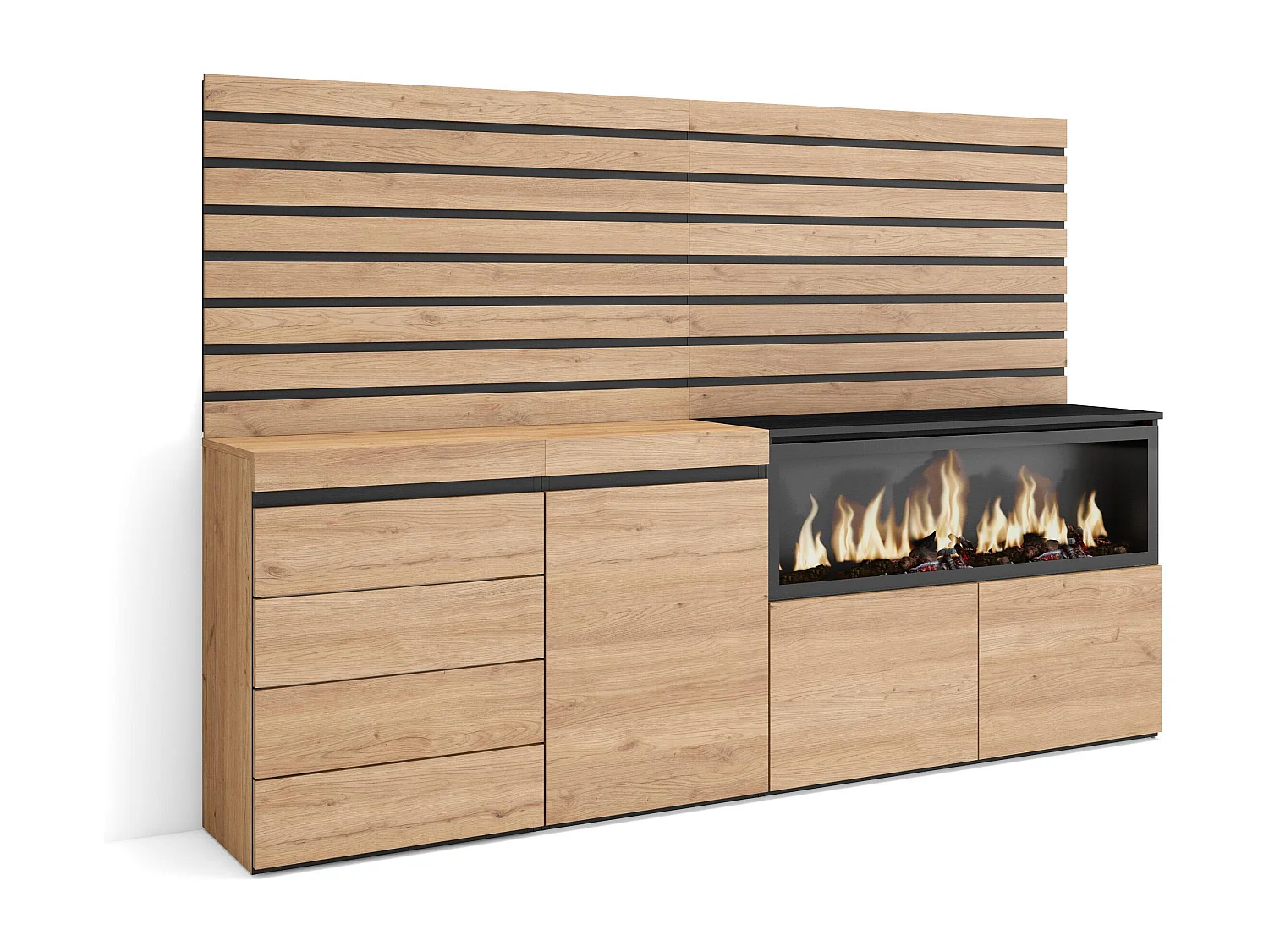 Buffet, Bahut, 214x35x145cm, Chambre à coucher, pièce, Cheminée électrique XXL, Commode, Buffet, Chêne