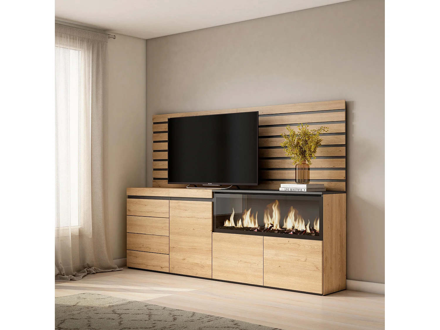 Buffet, Bahut, 214x35x145cm, Chambre à coucher, pièce, Cheminée électrique XXL, Commode, Buffet, Chêne