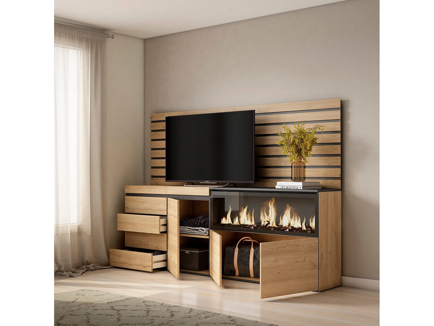 Buffet, Bahut, 214x35x145cm, Chambre à coucher, pièce, Cheminée électrique XXL, Commode, Buffet, Chêne