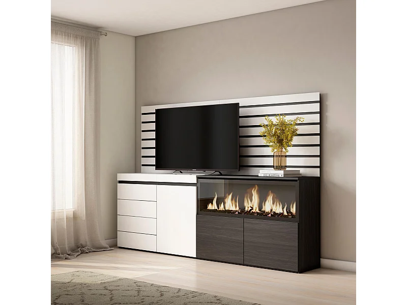 Dressoir, Opbergkast, 214x35x145cm, Voor slaapkamer, kamer, Elektrische haard XXL, Ladekast, Commode, Wit