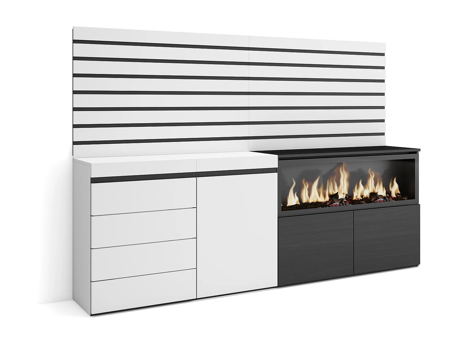 Buffet, Bahut, 214x35x145 cm, Chambre à coucher, pièce, Cheminée électrique XXL, Commode, Buffet, Blanc