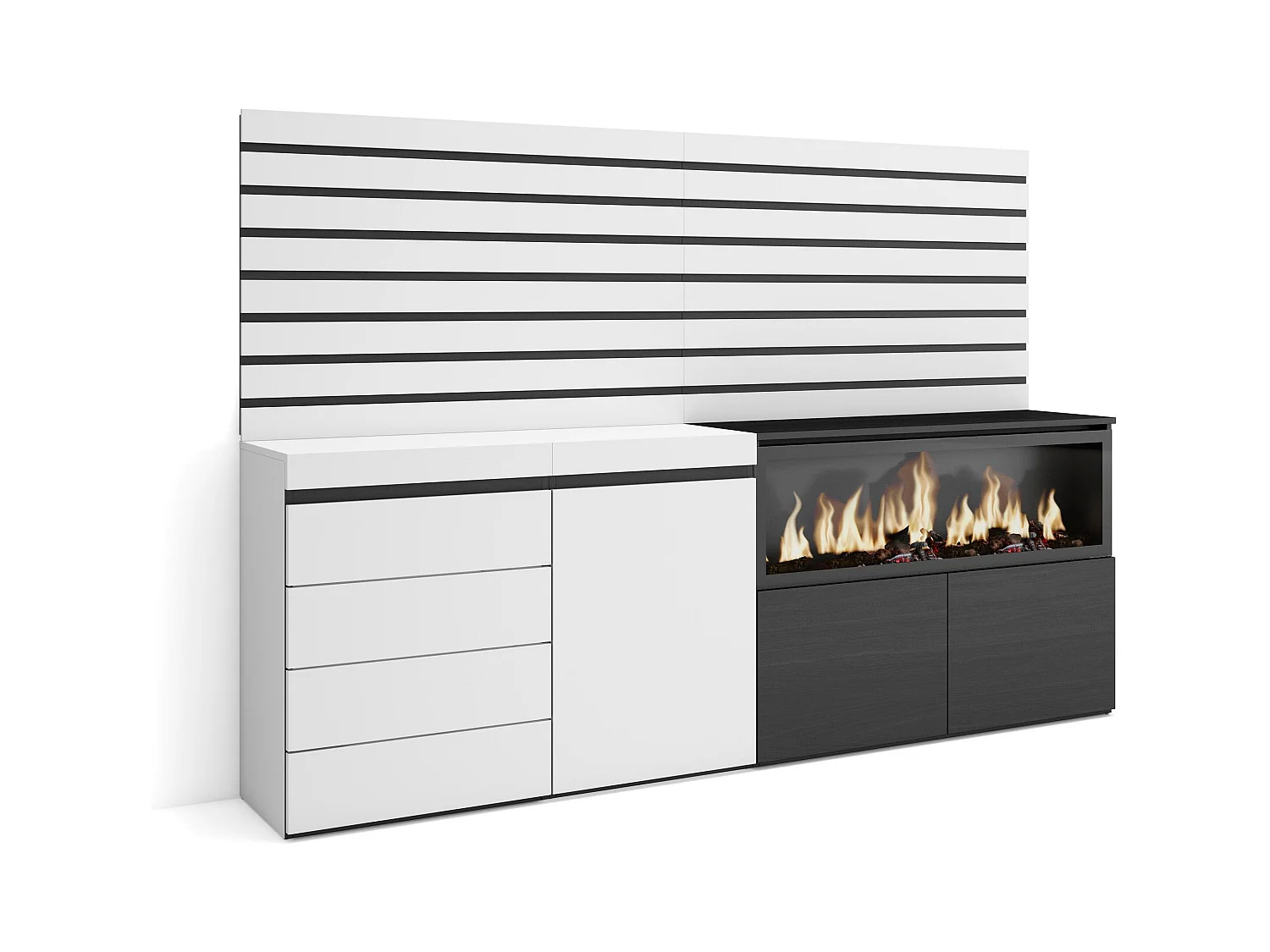 Buffet, Bahut, 214x35x145 cm, Chambre à coucher, pièce, Cheminée électrique XXL, Commode, Buffet, Blanc