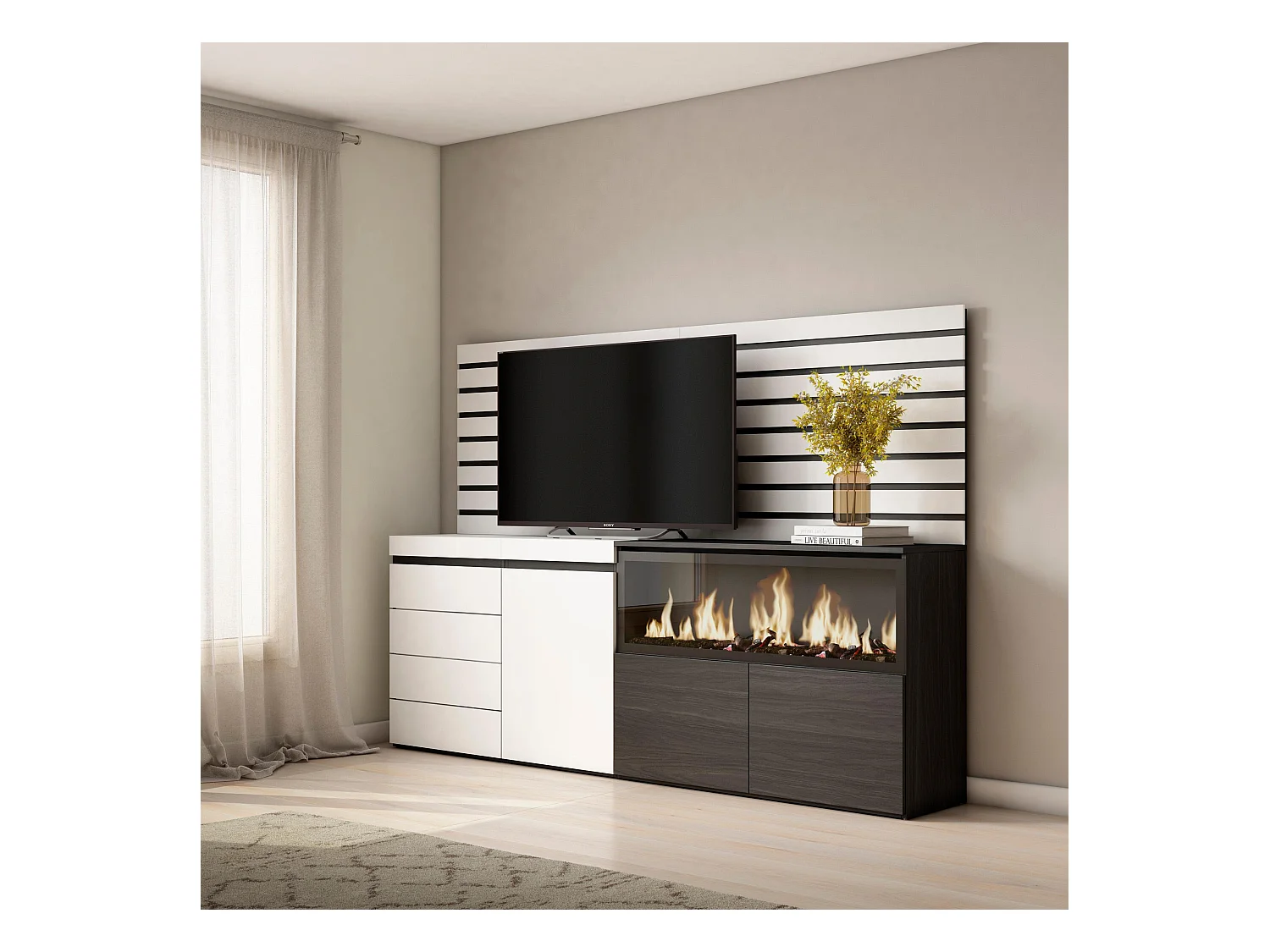Buffet, Bahut, 214x35x145 cm, Chambre à coucher, pièce, Cheminée électrique XXL, Commode, Buffet, Blanc