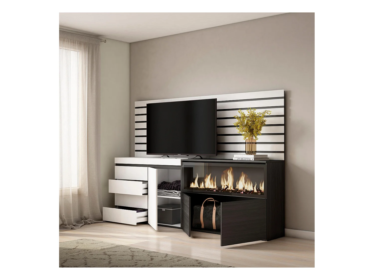 Buffet, Bahut, 214x35x145 cm, Chambre à coucher, pièce, Cheminée électrique XXL, Commode, Buffet, Blanc
