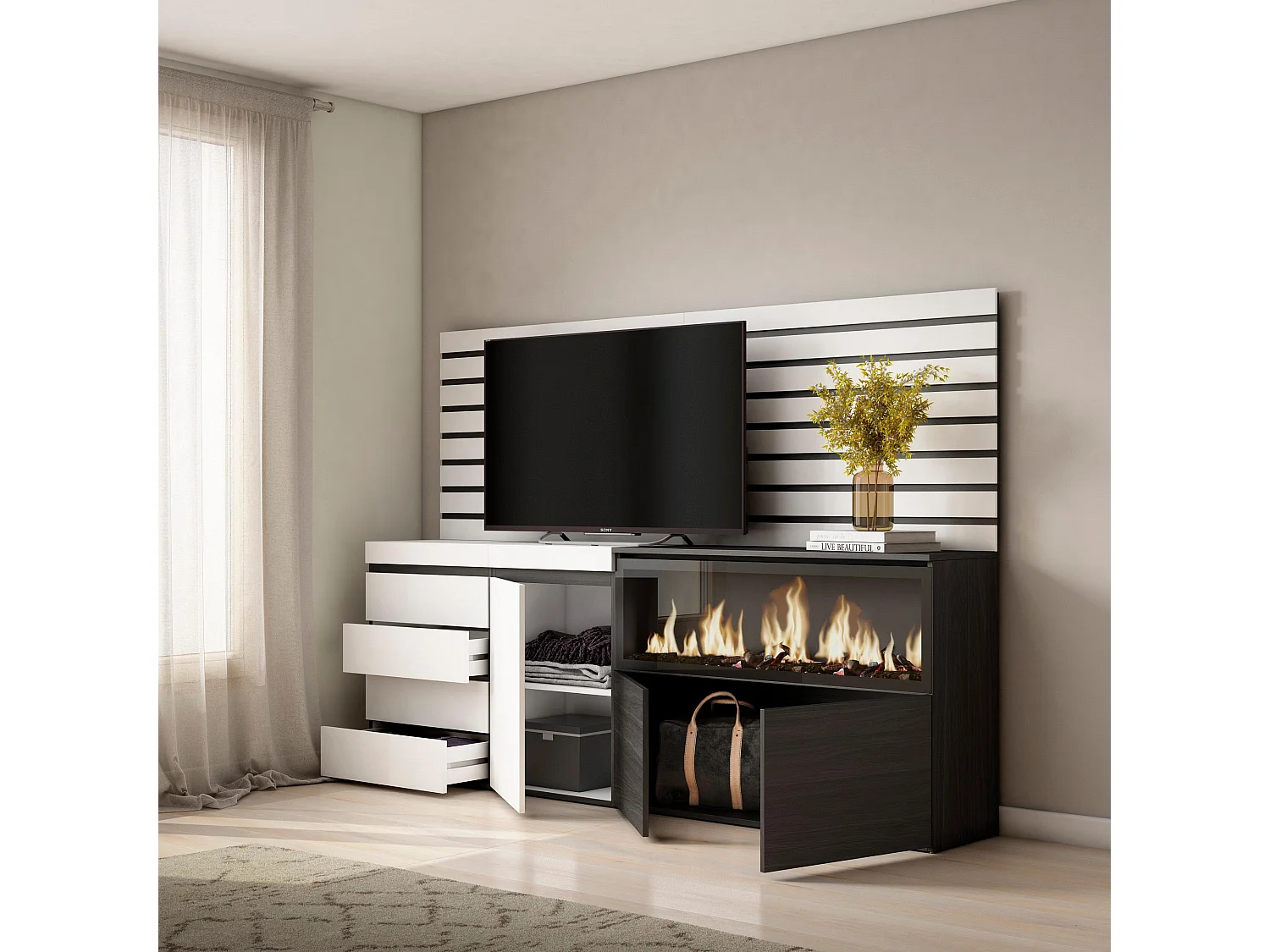 Aparador, Buffet, 214x35x145cm, Para quarto, dormitório, Lareira eléctrica XXL, Cómoda, Branco