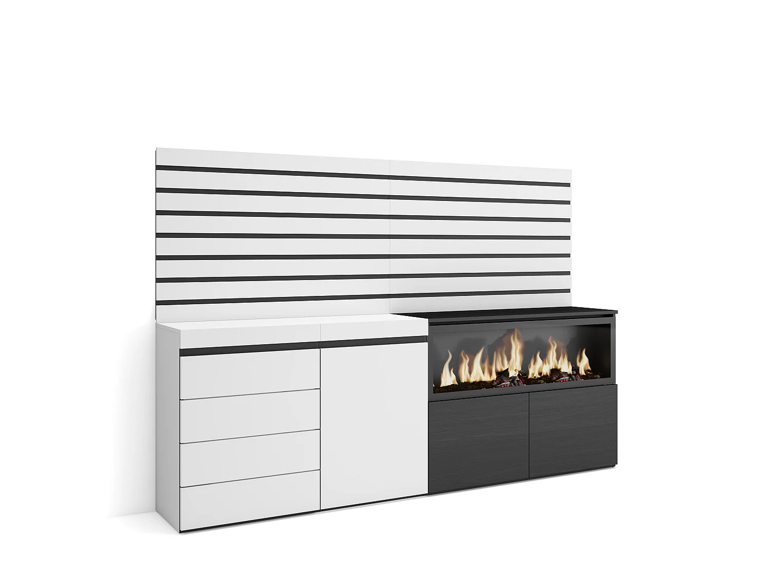 Dressoir, Opbergkast, 214x35x145cm, Voor slaapkamer, kamer, Elektrische haard XXL, Ladekast, Commode, Wit