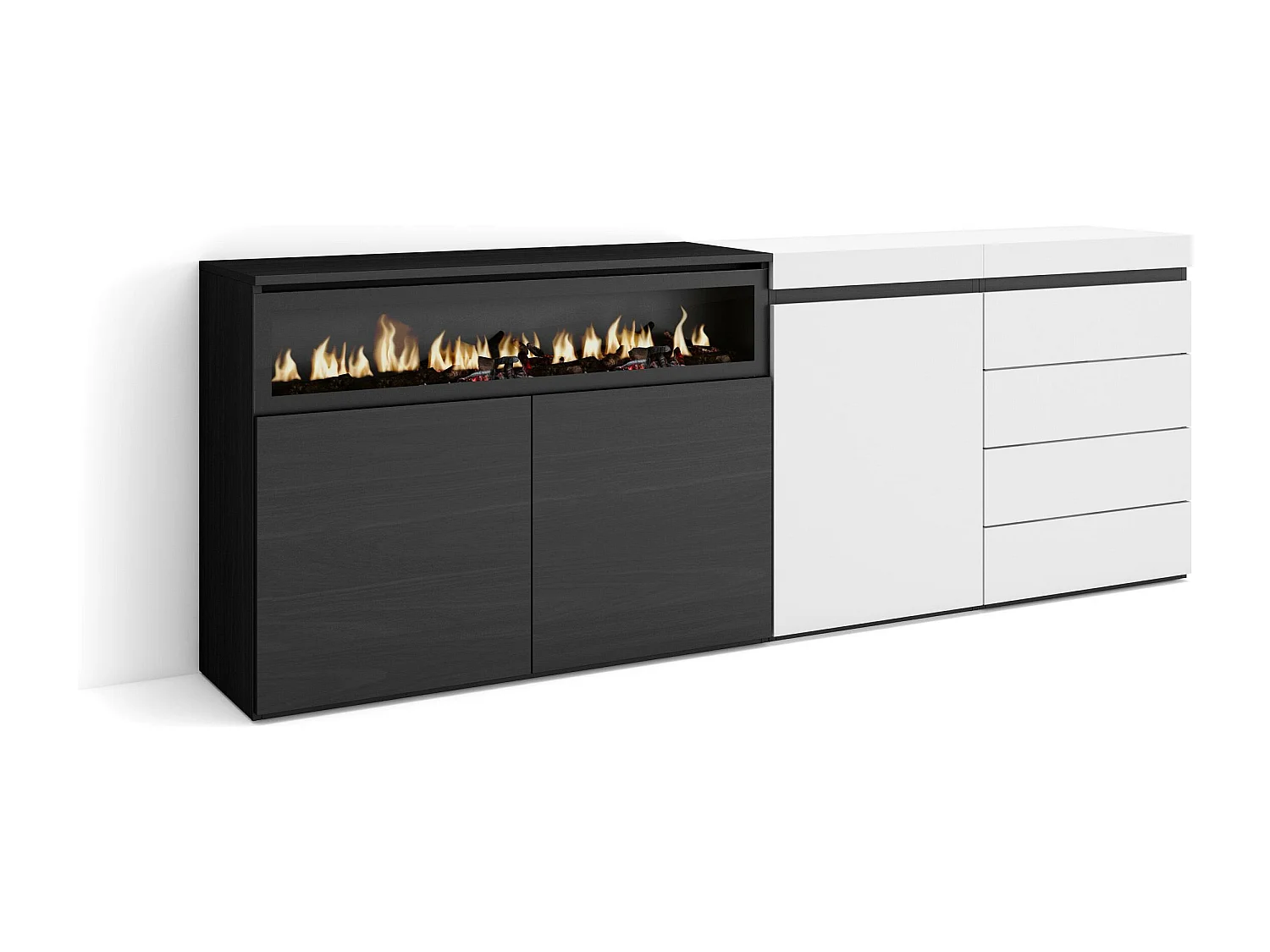 Buffet, Bahut, 207x35x75 cm, Chambre à coucher, pièce, Cheminée électrique, Commode, Buffet, Blanc