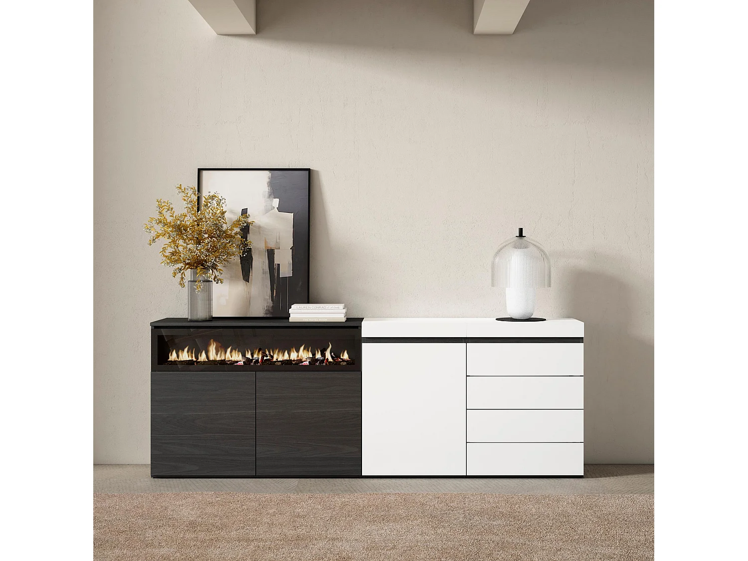 Buffet, Bahut, 207x35x75 cm, Chambre à coucher, pièce, Cheminée électrique, Commode, Buffet, Blanc