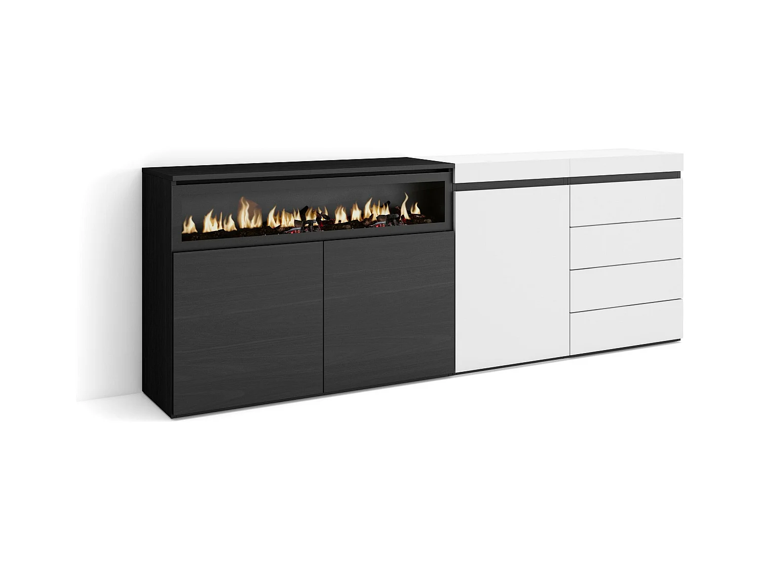 Buffet, Bahut, 207x35x75 cm, Chambre à coucher, pièce, Cheminée électrique, Commode, Buffet, Blanc