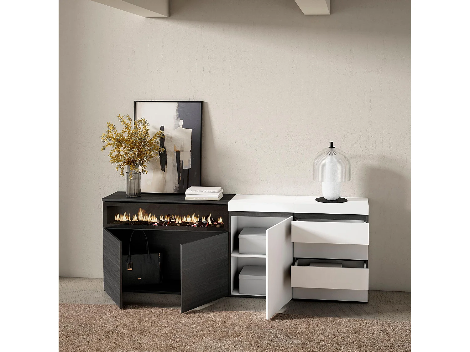 Aparador, Buffet, 207x35x75cm, Para quarto, dormitório, Lareira eléctrica, Cómoda, Branco