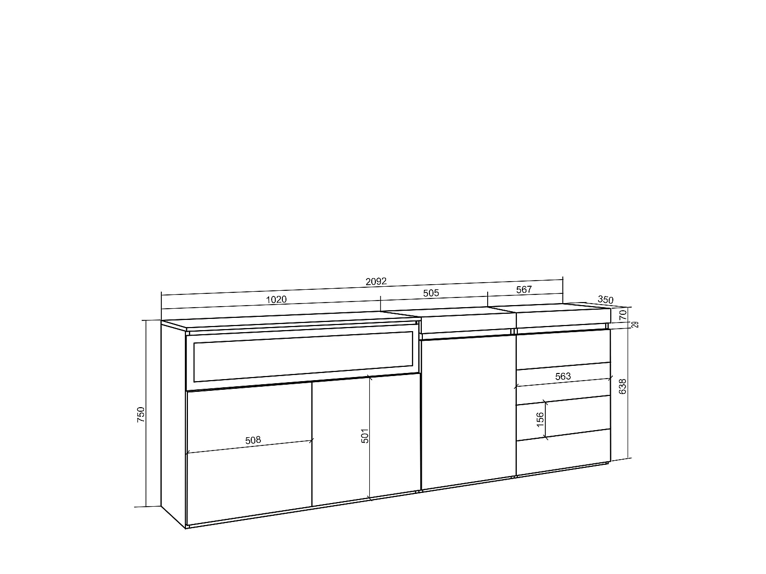 Sideboard, Kommode, 207x35x75cm, Für Schlafzimmer, Elektrokamin, Kommode mit Schubladen, Weiß