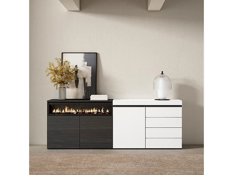 Buffet, Bahut, 207x35x75 cm, Chambre à coucher, pièce, Cheminée électrique, Commode, Buffet, Blanc