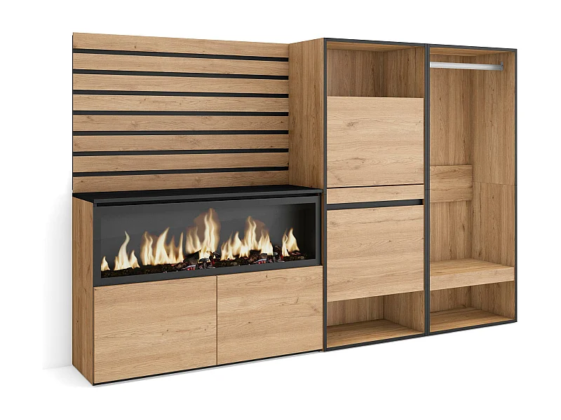 Credenza, 227x35x145cm, Camera da letto, stanza, Camino elettrico XXL, Scarpiera, Armadio Aperto, Rovere