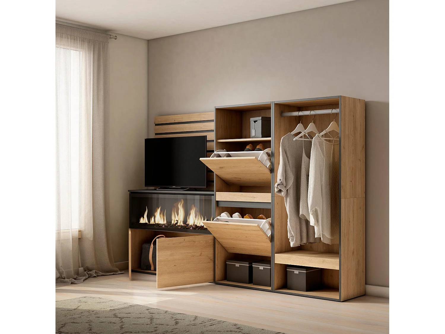 Buffet, Bahut, 227x35x145 cm, Chambre à coucher, pièce, Cheminée électrique XXL, Meuble à Chaussures, Vestiaire ouvert, Chêne