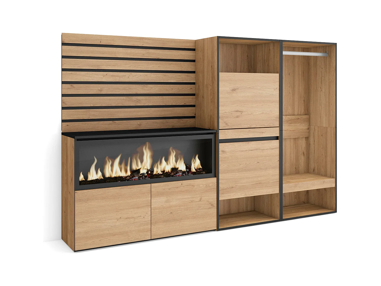 Buffet, Bahut, 227x35x145 cm, Chambre à coucher, pièce, Cheminée électrique XXL, Meuble à Chaussures, Vestiaire ouvert, Chêne
