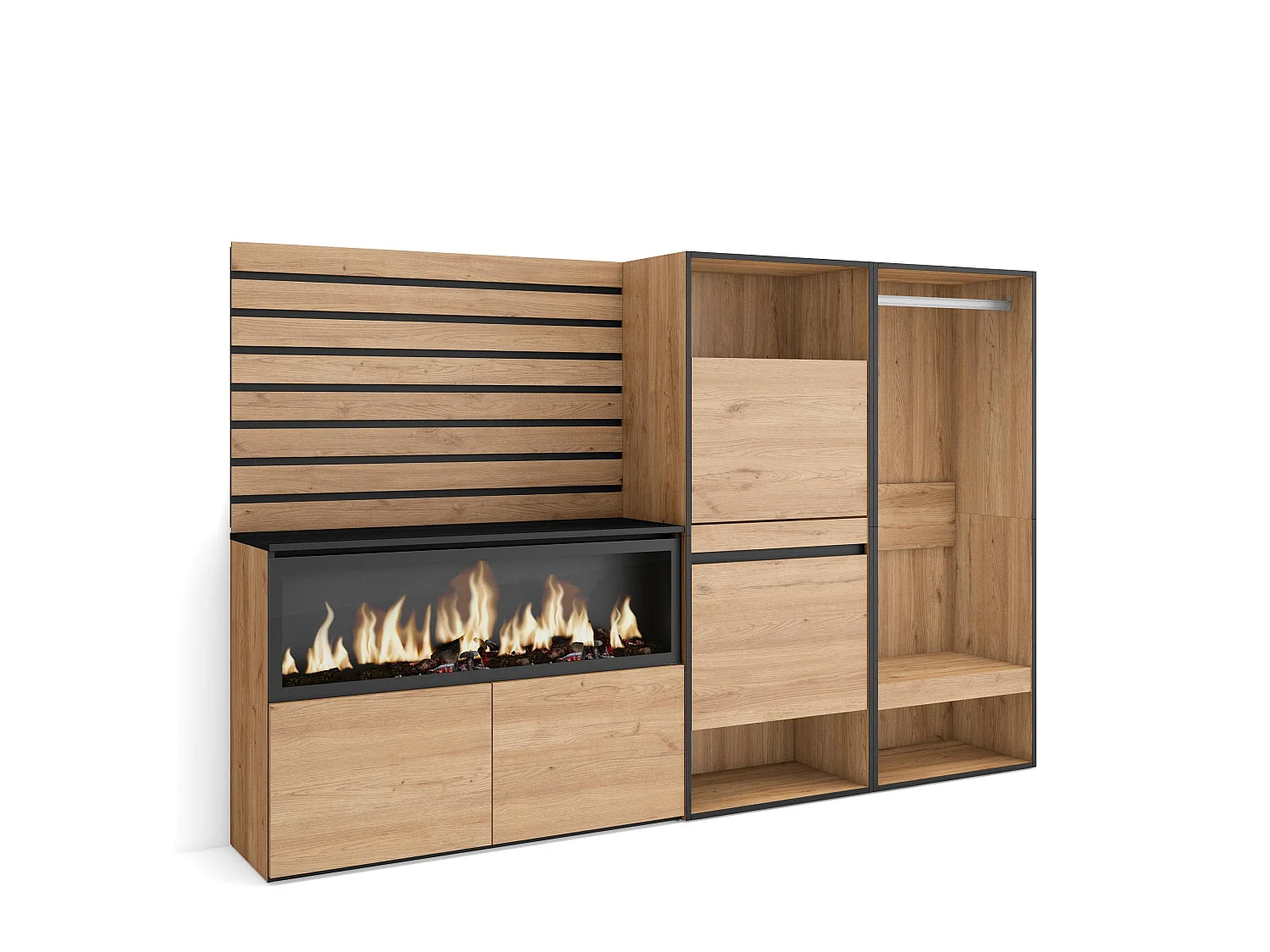 Buffet, Bahut, 227x35x145cm, Chambre à coucher, pièce, Cheminée électrique XXL, Meuble à Chaussures, Vestiaire ouvert, Chêne